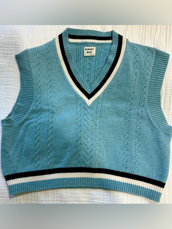 Sunday Best Sweaters - Aritzia Sunday Best Blue Cable Knit V-Neck Sweater Vest